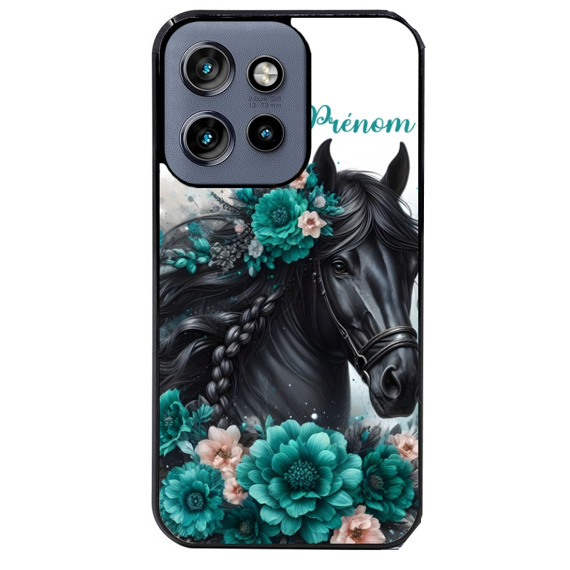 Coque noire taperso pour Moto Edge 60 et Neo Fusion Pro avec motif cheval et fleurs personnalisee protection antichoc personnalisée