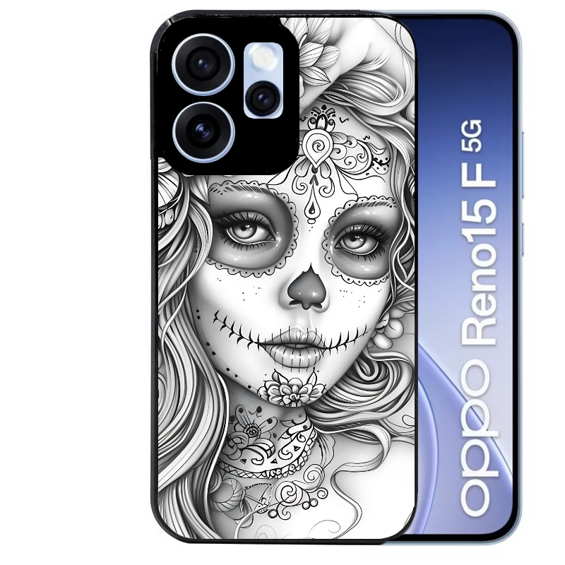 Coque noire taperso pour OPPO Reno 15 et F FS 5G avec motif mort calavera tatoo protection antichoc personnalisée