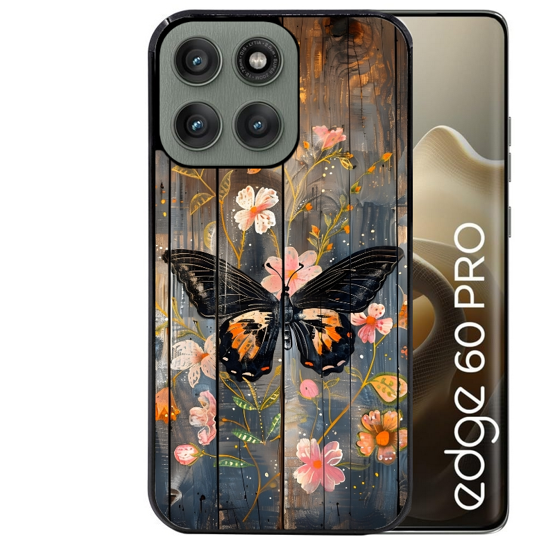 Coque noire taperso pour Moto Edge 60 et Neo Fusion Pro avec motif bois et papillon 2 protection antichoc personnalisée