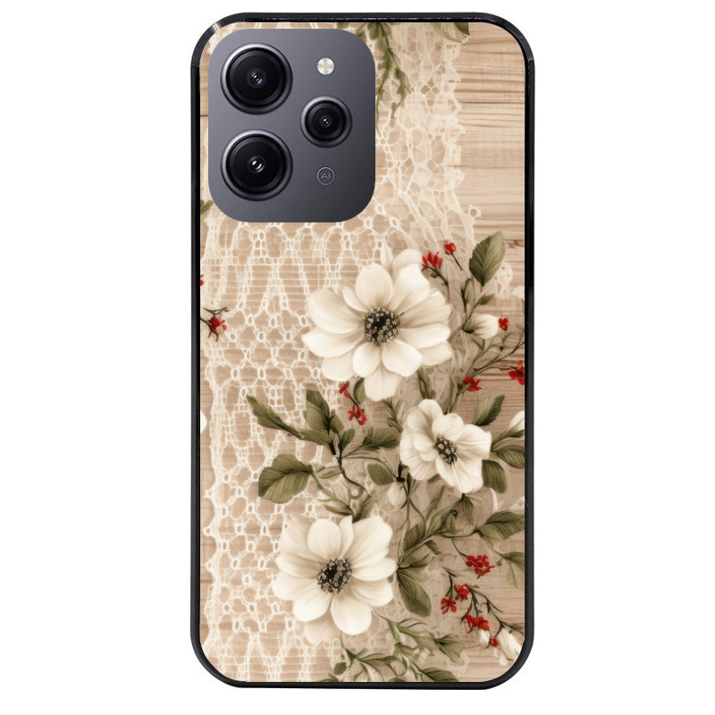 Coque noire taperso pour Redmi 12 4G et 5G avec motif bois et dentelle 2 protection antichoc personnalisée