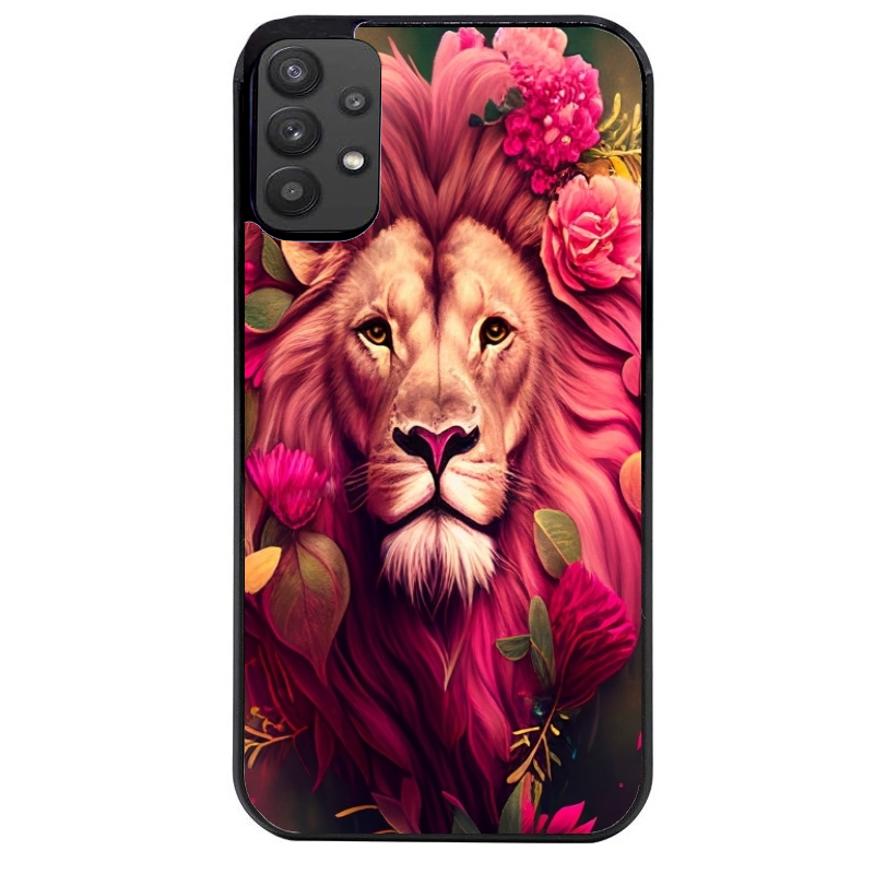 Coque noire taperso pour galaxy A22 A32 A52 A52S 4G 5G  avec motif lion et fleurs rose protection antichoc personnalisée