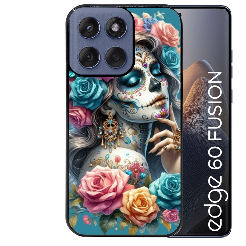 Coque noire taperso pour Moto Edge 60 et Neo Fusion Pro avec motif tete de mort calavera bleu protection antichoc personnalisée