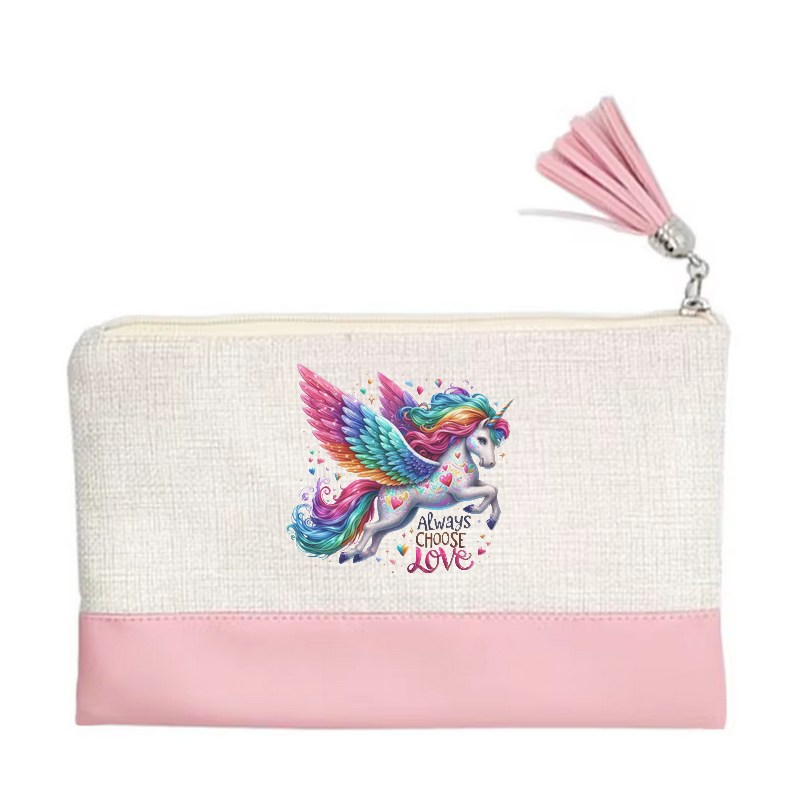 Pochette motif licorne love en toile et simili cuir