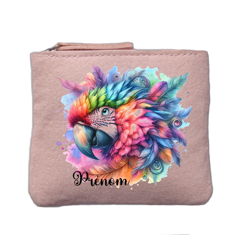Porte monnaie personnalisé motif perroquet color rose clair en feutrine en feutrine