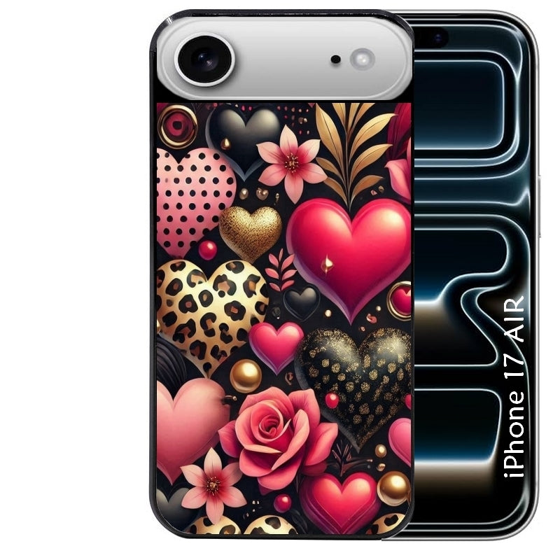 Coque noire taperso pour Iphone 17 17E AIR MAX PRO avec motif coeur et leopard protection antichoc personnalisée