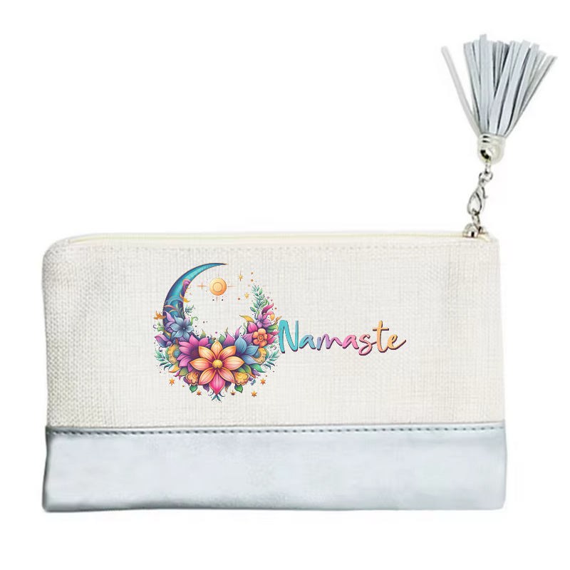 Pochette motif namaste lune en toile et simili cuir