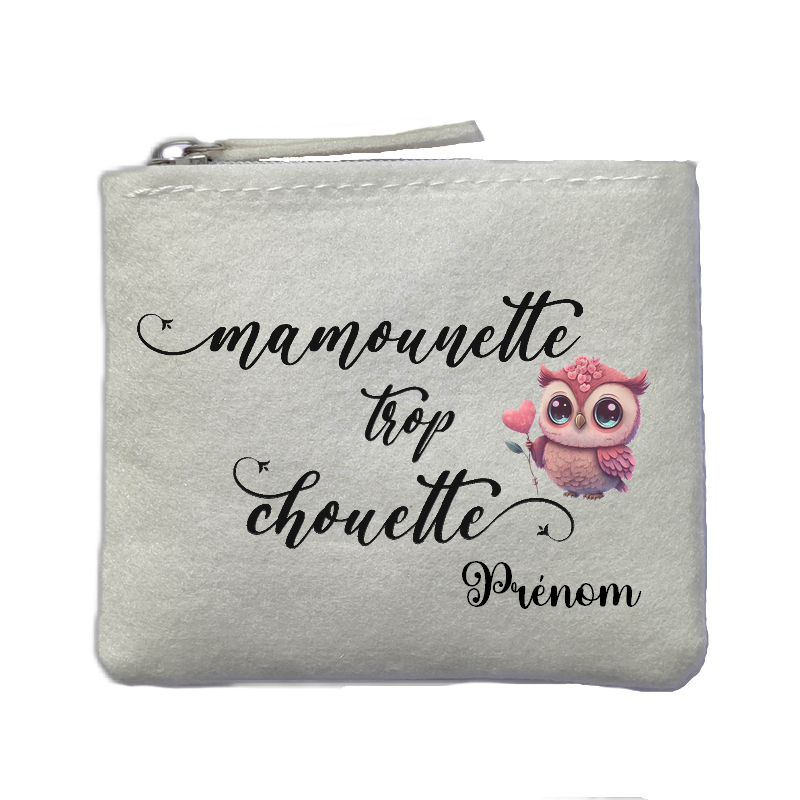 Porte monnaie personnalisé maman chouette ivoire en feutrine en feutrine ivoire