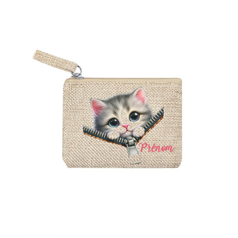 Pochette personnalisée motif chat zip en toile et simili cuir personnalisée