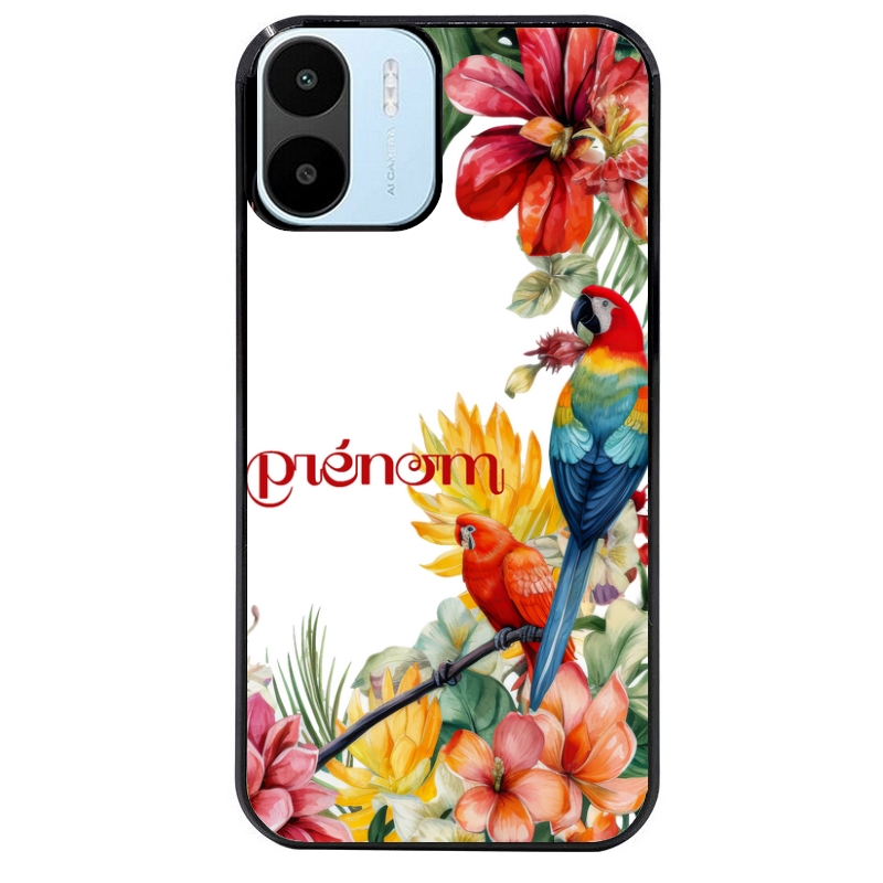 Coque noire taperso pour Redmi A1 et A2 avec motif perroquet personnalisee protection antichoc personnalisée
