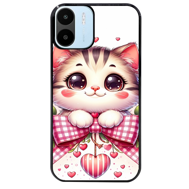 Coque noire taperso pour Redmi A1 et A2 avec motif chat noeud et coeur protection antichoc personnalisée