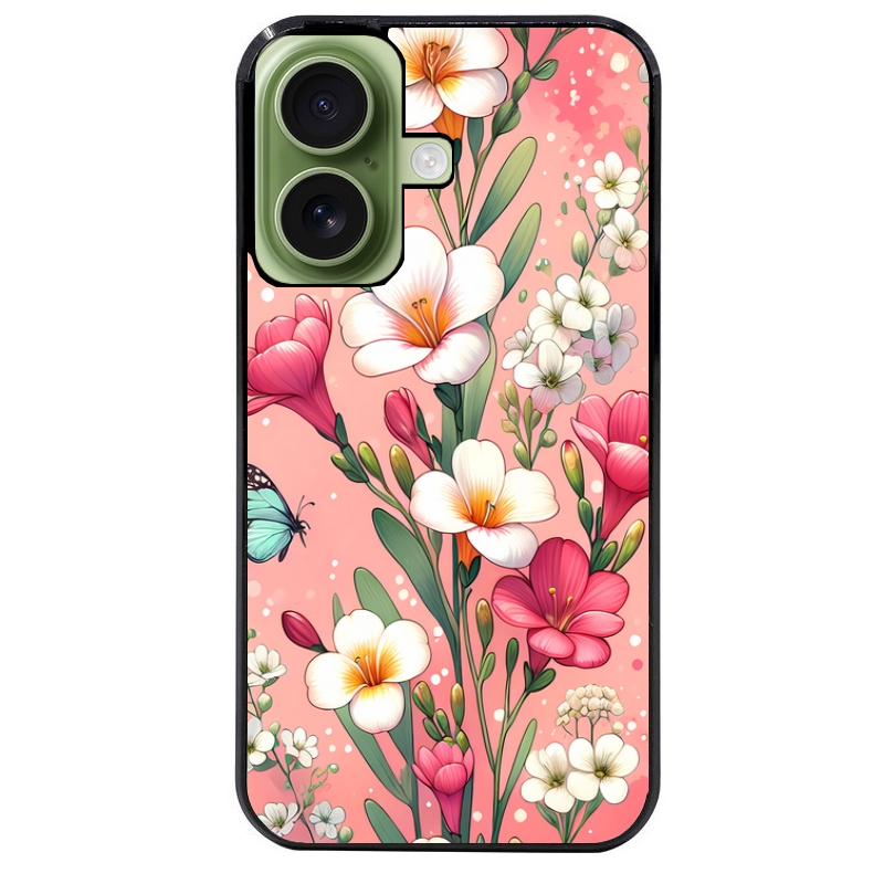 Coque noire taperso pour Iphone 16 16E PLUS MAX PRO avec motif fleur rose protection antichoc personnalisée