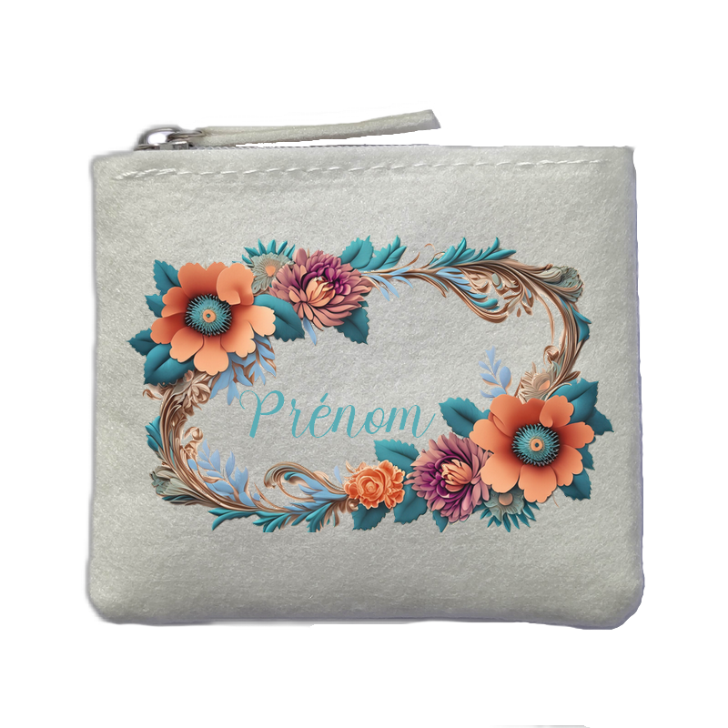 Porte monnaie personnalisé cadre fleurs ivoire en feutrine en feutrine ivoire