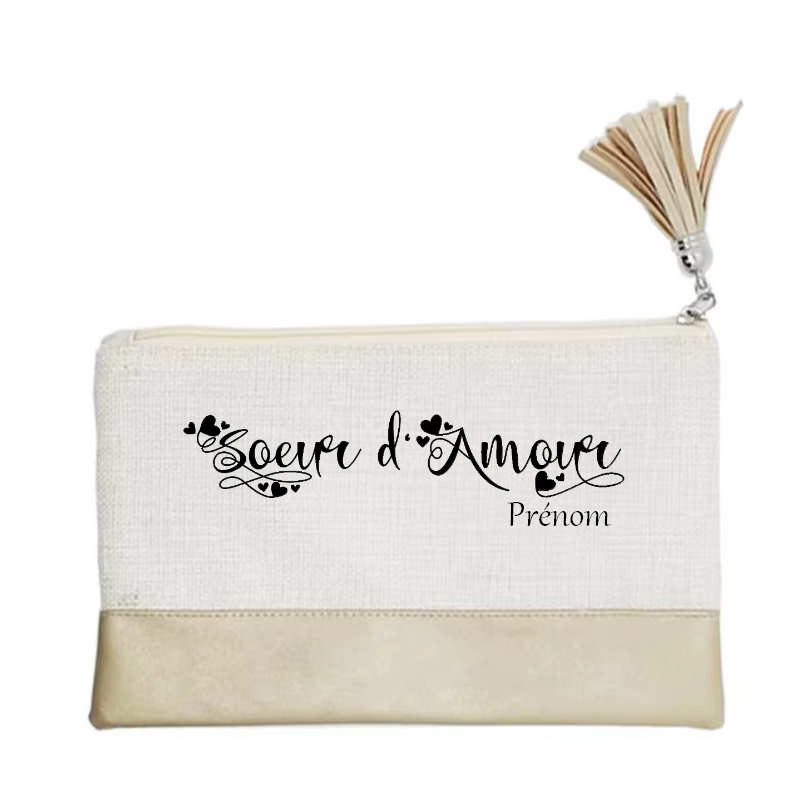 Pochette personnalisée motif soeur d'amour en toile et simili cuir personnalisée