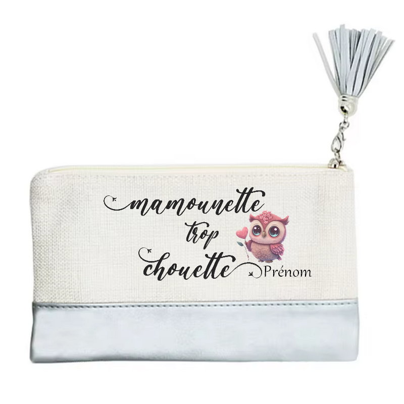 Pochette personnalisée motif maman chouette en toile et simili cuir personnalisée