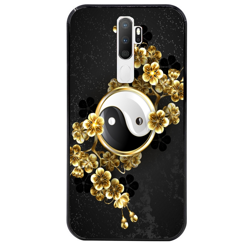 Coque noire taperso pour OPPO A5 A9 2020 avec motif yin yang et fleur protection antichoc personnalisée