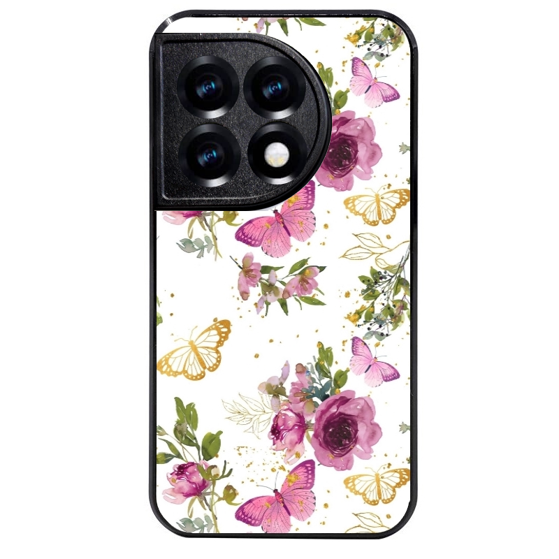 Coque noire taperso pour OnePlus 11 et 12 avec motif fleur et papillon protection antichoc personnalisée