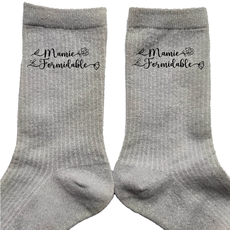 Chaussettes paillettes argent motif mamie formidable