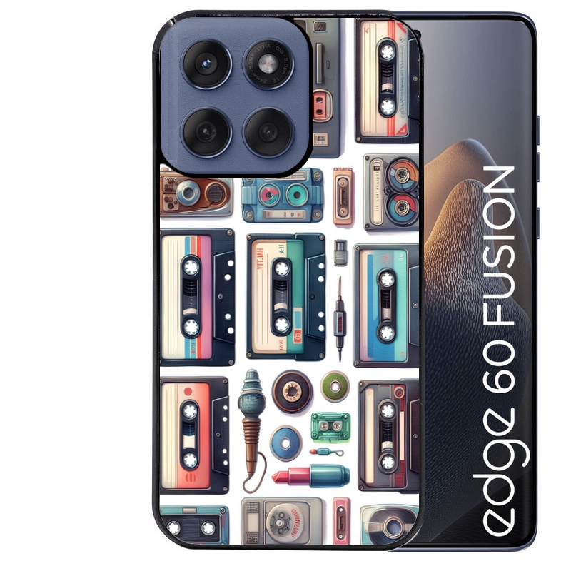 Coque noire taperso pour Moto Edge 60 et Neo Fusion Pro avec motif cassette multi protection antichoc personnalisée