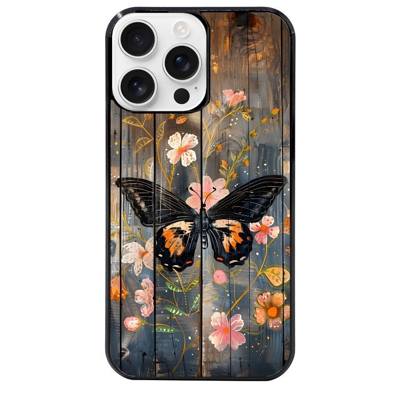 Coque noire taperso pour Iphone 16 16E PLUS MAX PRO avec motif bois et papillon 2 protection antichoc personnalisée