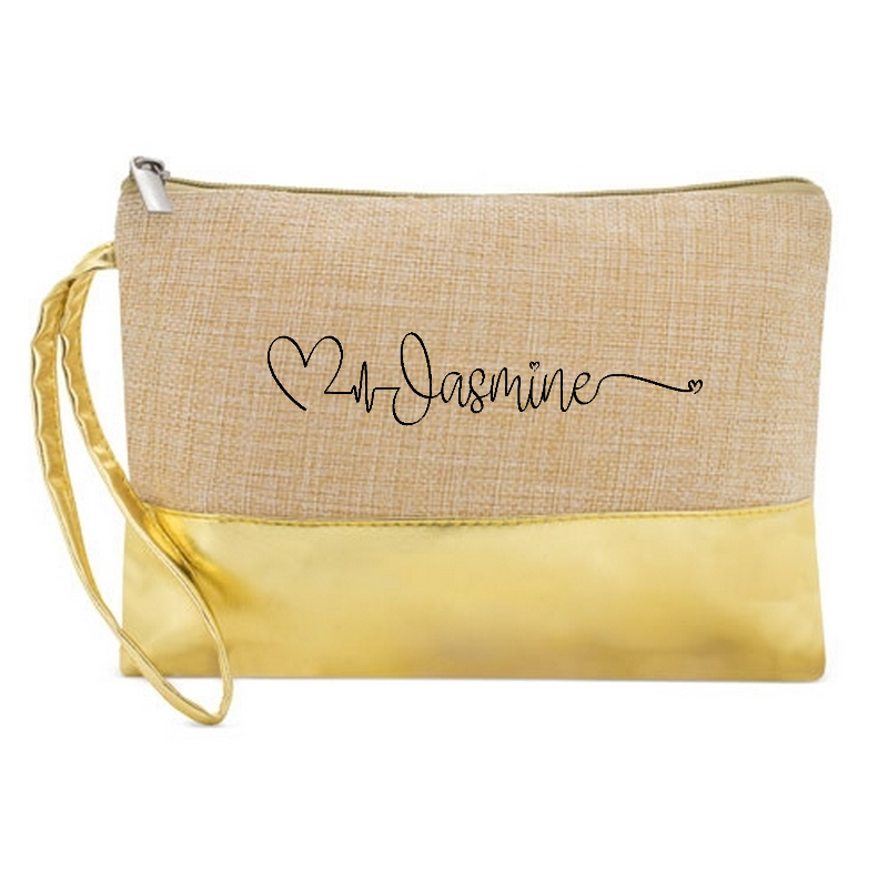 Pochette personnalisée prénom heart en jute et doré en jute et doré