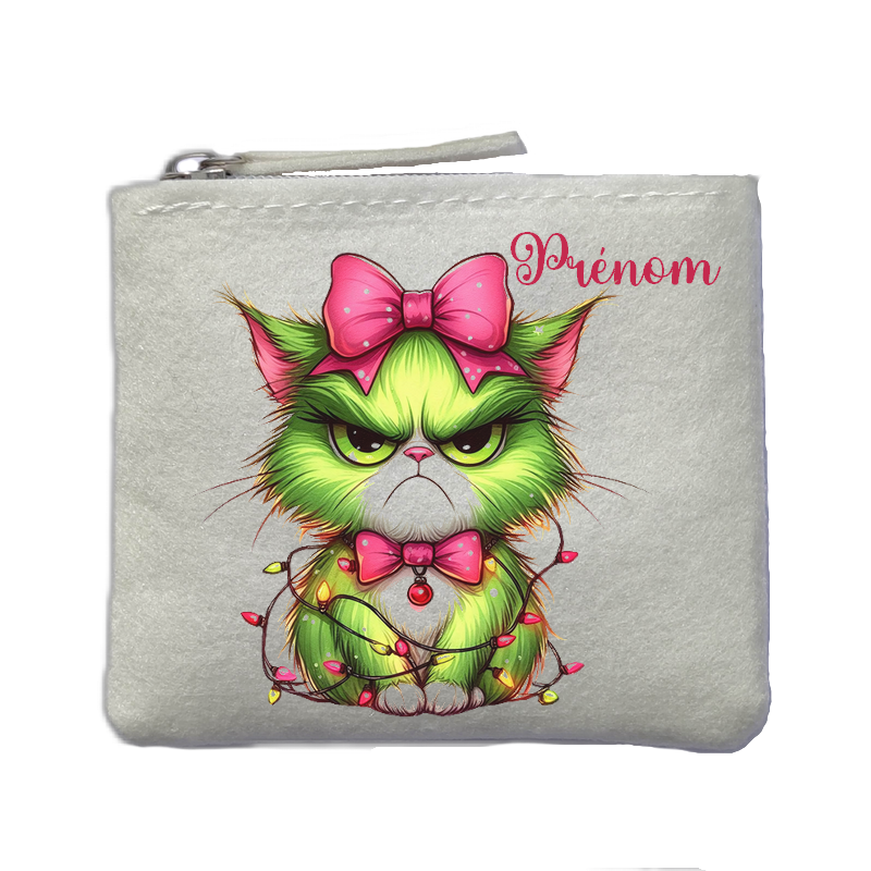 Porte monnaie personnalisé noel grinch chat ivoire en feutrine en feutrine ivoire