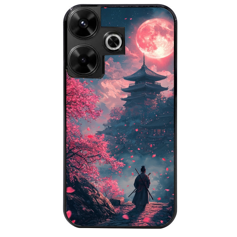 Coque noire taperso pour POCO M6 4G avec motif samourai cerisier protection antichoc personnalisée