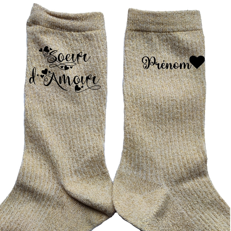Chaussettes personnalisée paillettes doré motif soeur d'amour