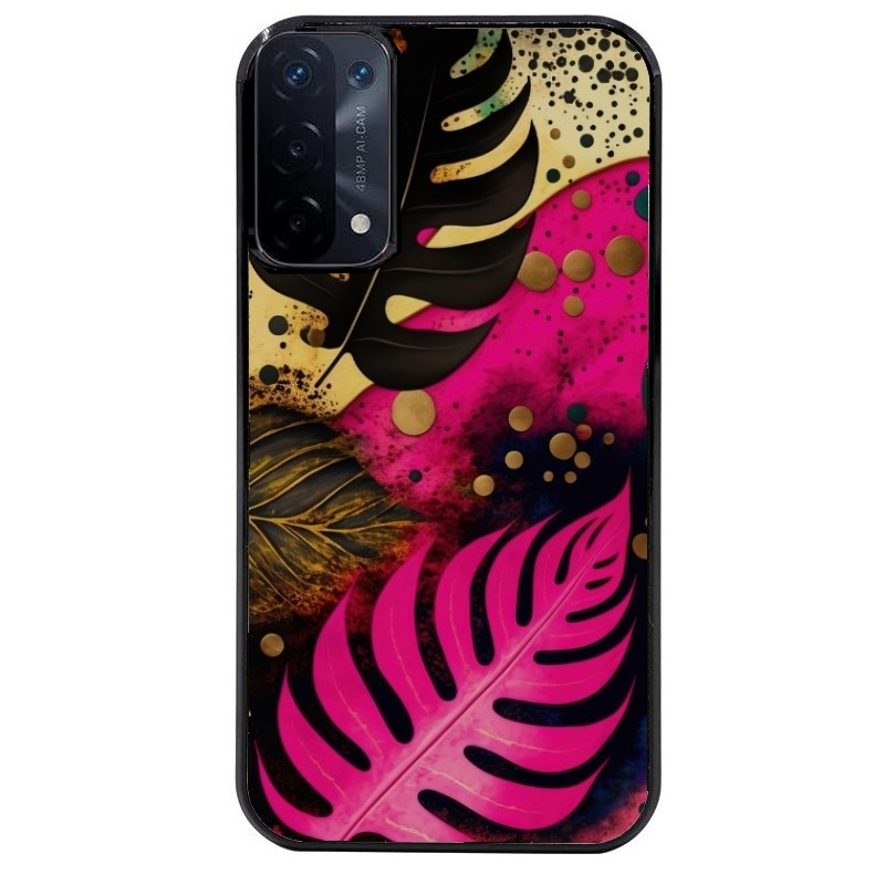 Coque noire taperso pour OPPO A54 et A74 5G avec motif tropical rose et des fleurs protection antichoc personnalisée