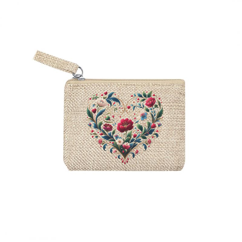 Pochette personnalisée motif cœur fleur en toile et simili cuir personnalisée