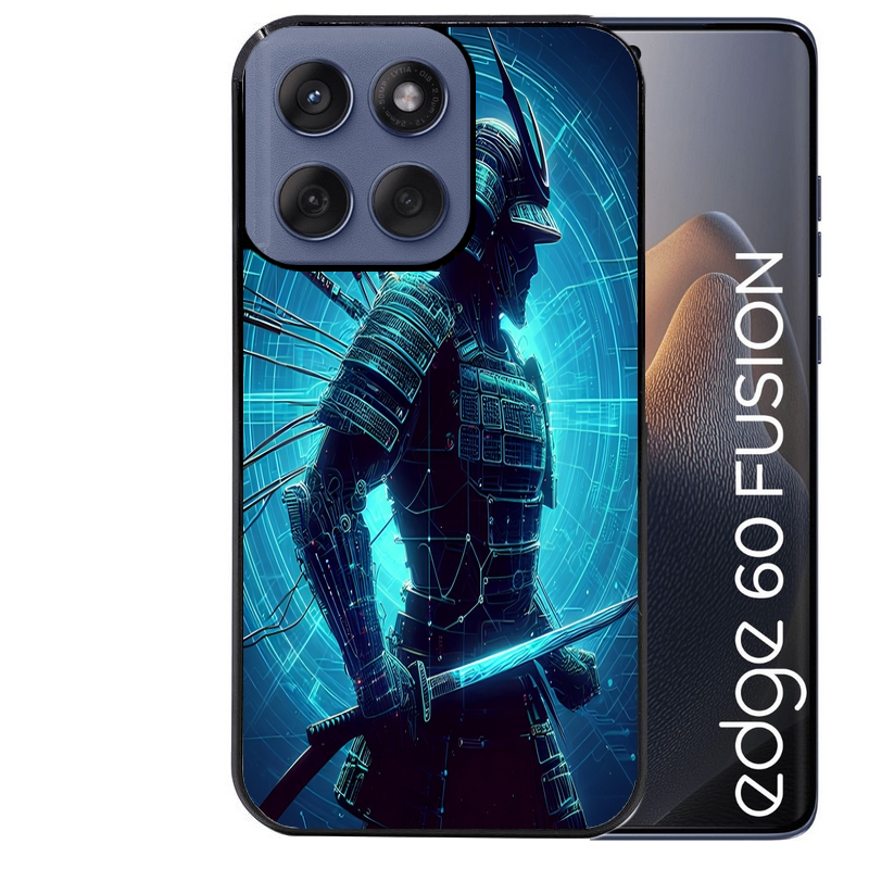 Coque noire taperso pour Moto Edge 60 et Neo Fusion Pro avec motif samourai bleu protection antichoc personnalisée