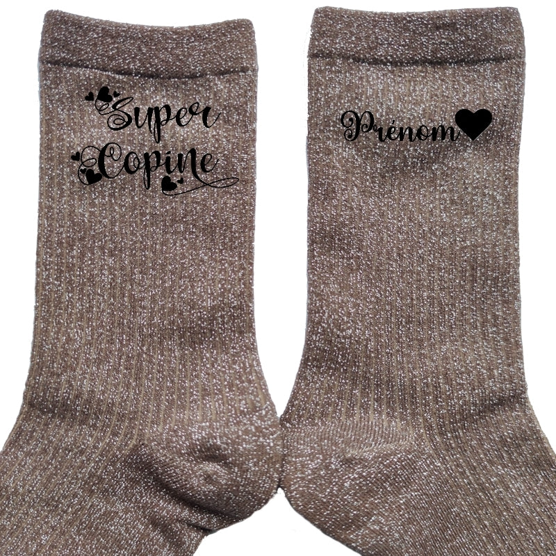Chaussettes personnalisée paillettes bronze motif super copine