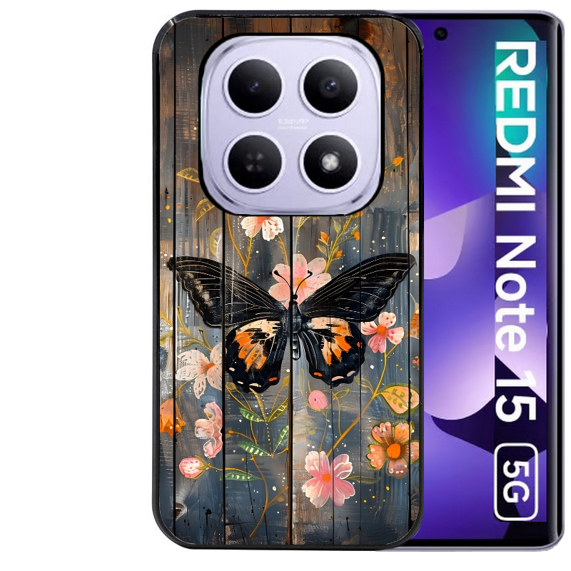 Coque noire taperso pour Redmi Note 15 et PRO PLUS 4G 5G avec motif bois et papillon 2 protection antichoc personnalisée