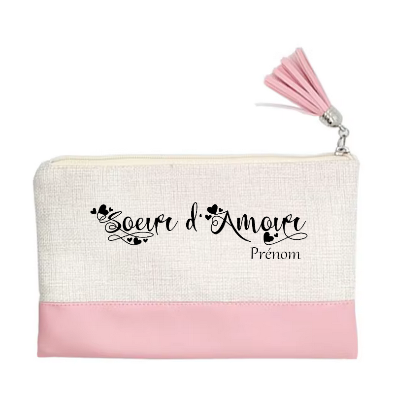 Pochette personnalisée motif soeur d'amour en toile et simili cuir personnalisée
