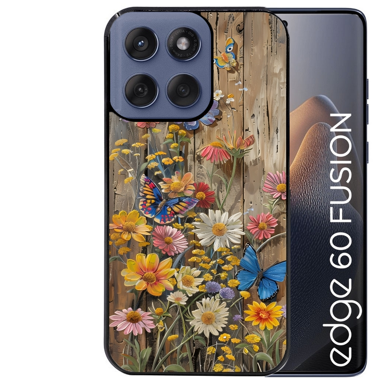 Coque noire taperso pour Moto Edge 60 et Neo Fusion Pro avec motif bois et papillon 1 protection antichoc personnalisée