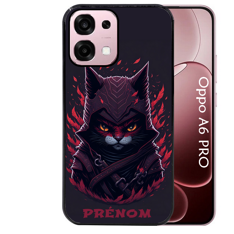 Coque noire taperso pour OPPO A6 PRO 4G et 5G avec motif chat samourai personnalise protection antichoc personnalisée