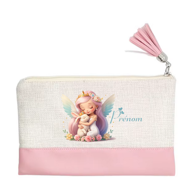 Pochette personnalisée motif fée lapin en toile et simili cuir personnalisée