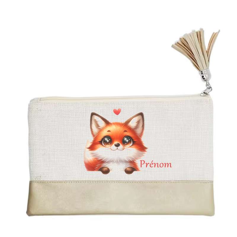 Pochette personnalisée motif fox renard cœur en toile et simili cuir personnalisée