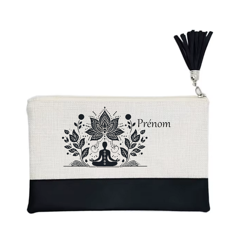 Pochette personnalisée motif bouddha yoga en toile et simili cuir personnalisée