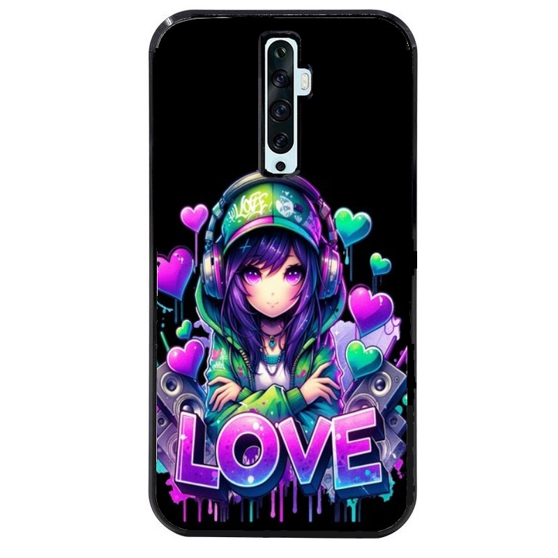 Coque noire taperso pour OPPO Reno 2 et 2Z avec motif anime manga et love protection antichoc personnalisée