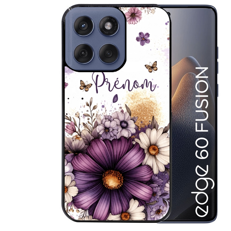 Coque noire taperso pour Moto Edge 60 et Neo Fusion Pro avec motif fleur violette personnalisee protection antichoc personnalisée