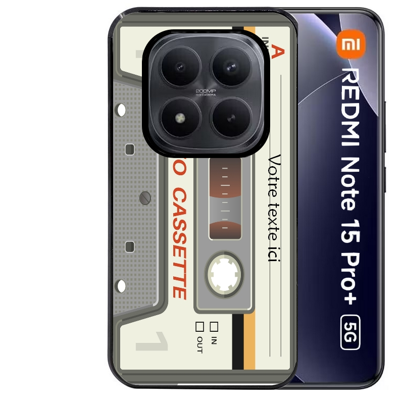 Coque noire taperso pour Redmi Note 15 et PRO PLUS 4G 5G avec motif cassette grise personnalisable protection antichoc personnalisée