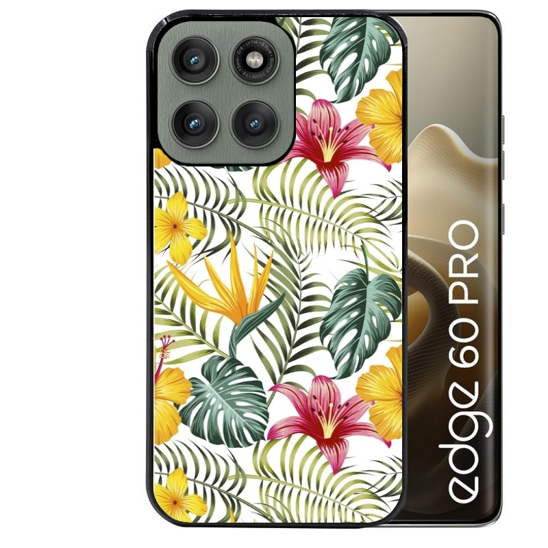 Coque noire taperso pour Moto Edge 60 et Neo Fusion Pro avec motif jungle et fleur hibiscus protection antichoc personnalisée
