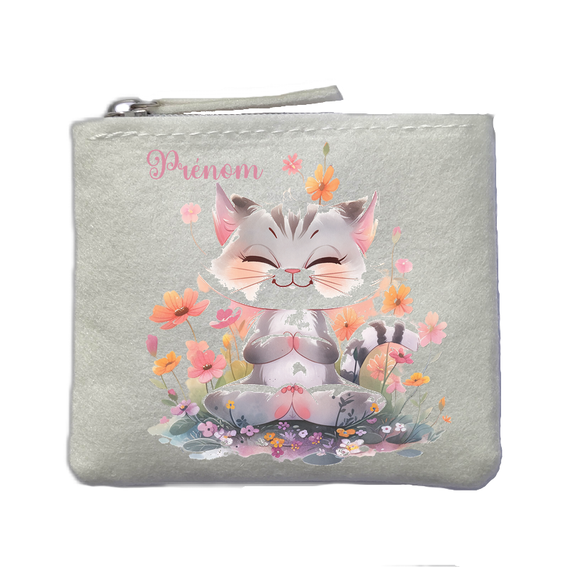 Porte monnaie personnalisé chat zen ivoire en feutrine en feutrine ivoire