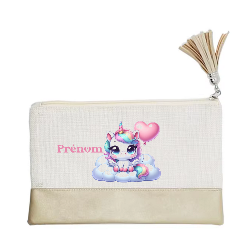 Pochette personnalisée motif licorne nuage en toile et simili cuir personnalisée