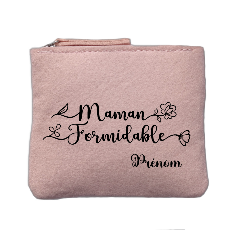 Porte monnaie personnalisé motif maman formidable rose clair en feutrine en feutrine