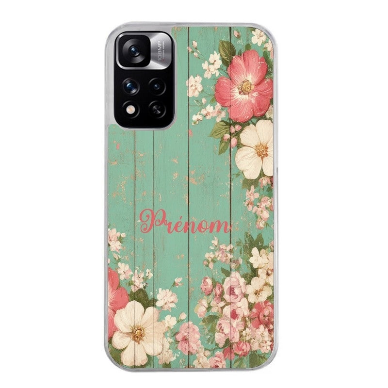 Coque taperso pour Redmi Note 10 4G 5G PRO 10S avec motif bois et fleur avec votre prenom protection antichoc personnalisée