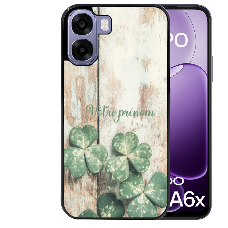 Coque noire taperso pour OPPO A6 A6X 4G et 5G avec motif bois et trefle personnalisee protection antichoc personnalisée