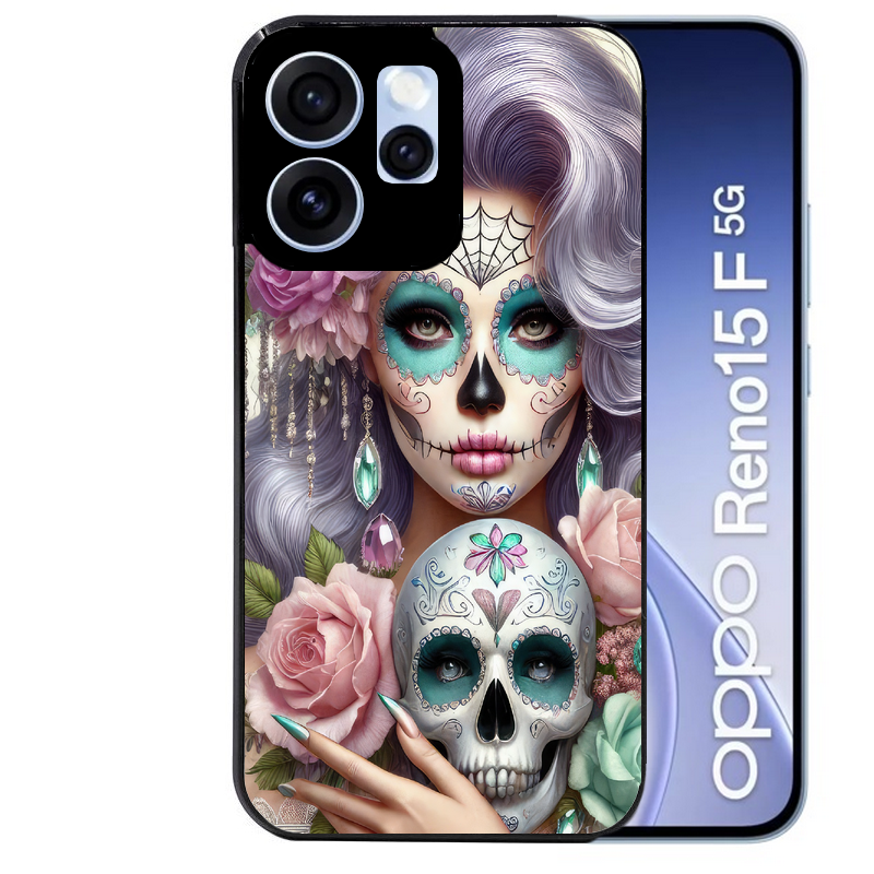Coque noire taperso pour OPPO Reno 15 et F FS 5G avec motif tete de mort calavera bijoux protection antichoc personnalisée
