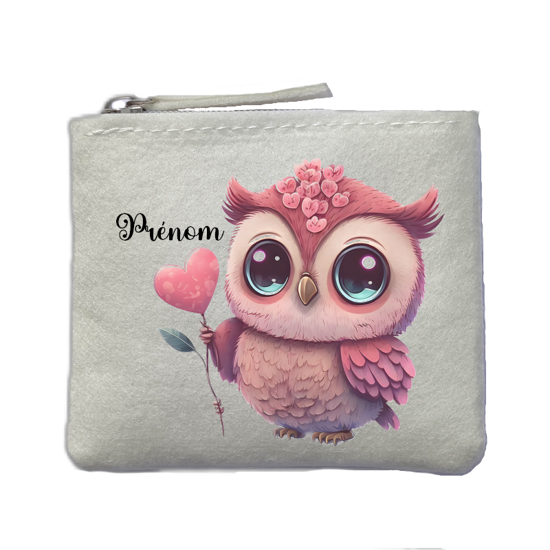 Porte monnaie personnalisé chouette coeur ivoire en feutrine en feutrine ivoire