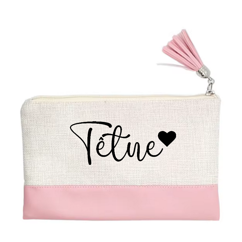 Pochette personnalisée motif votre prénom ou mot petit cœur en toile et simili cuir personnalisée